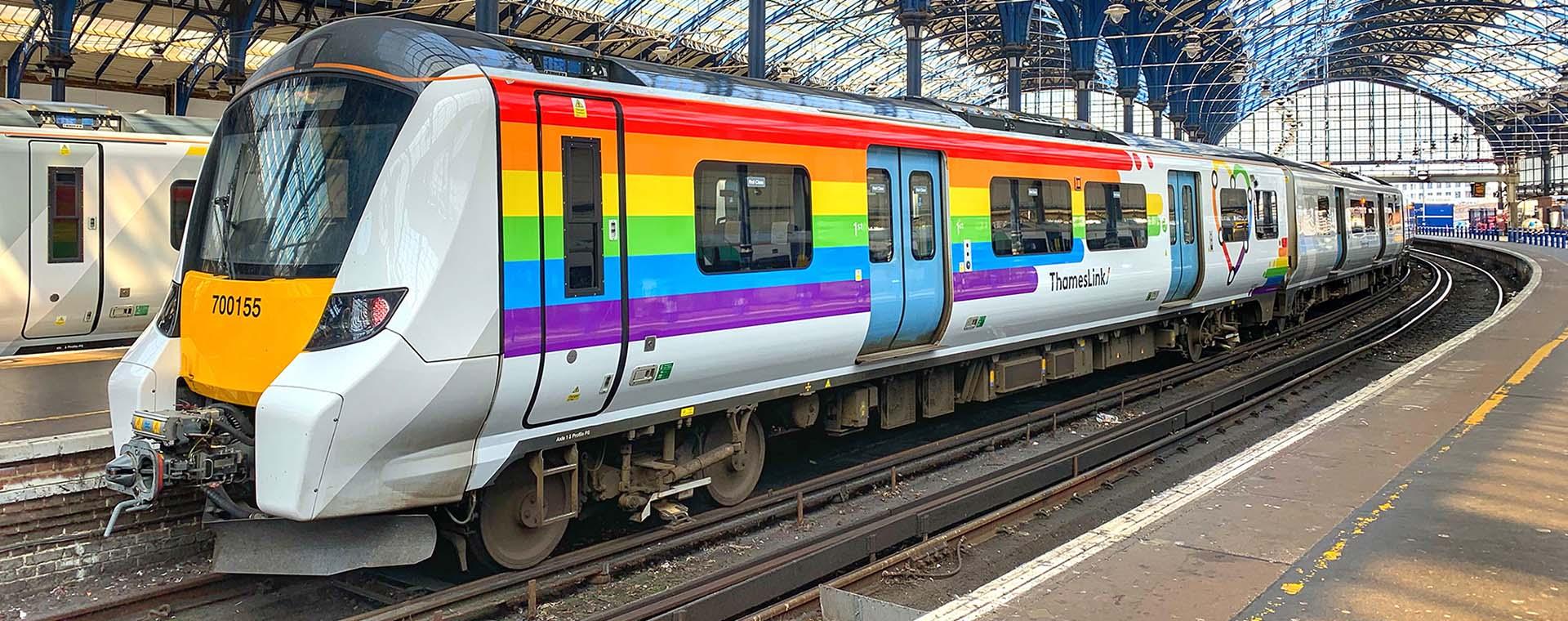 ThamesLink Train adorned with rainbow graphics