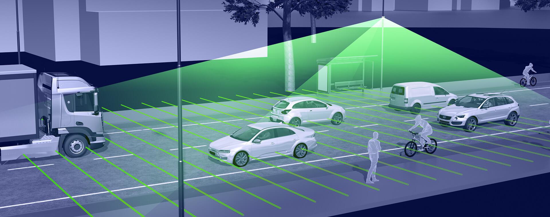 Illustration of a road with cars, cyclists, and a pedestrian, featuring a vehicle's green sensor field detecting obstacles and traffic.