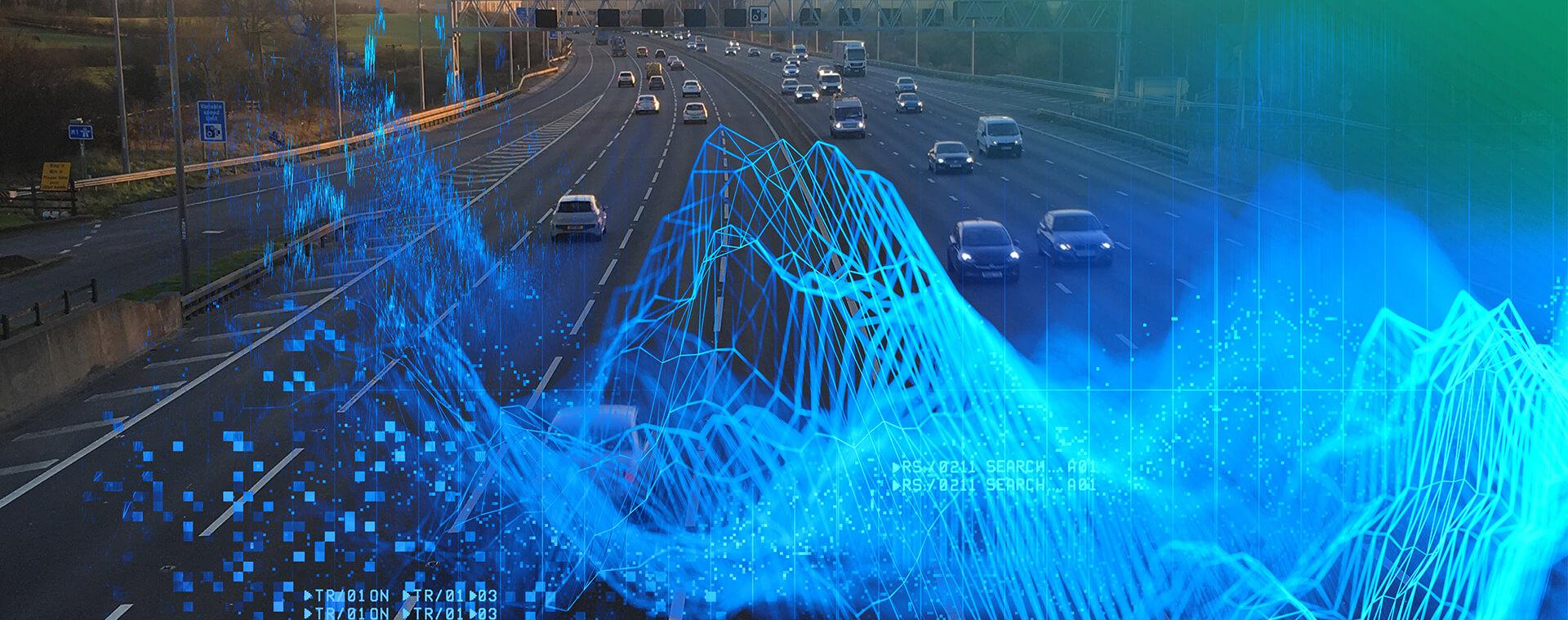 Highway scene with cars, overlaid with digital blue data visualization and grid lines, suggesting technology integration with traffic.