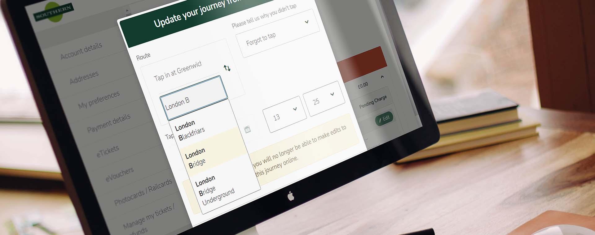 Computer screen displaying a travel booking interface with options for route, trip date, and time selection.
