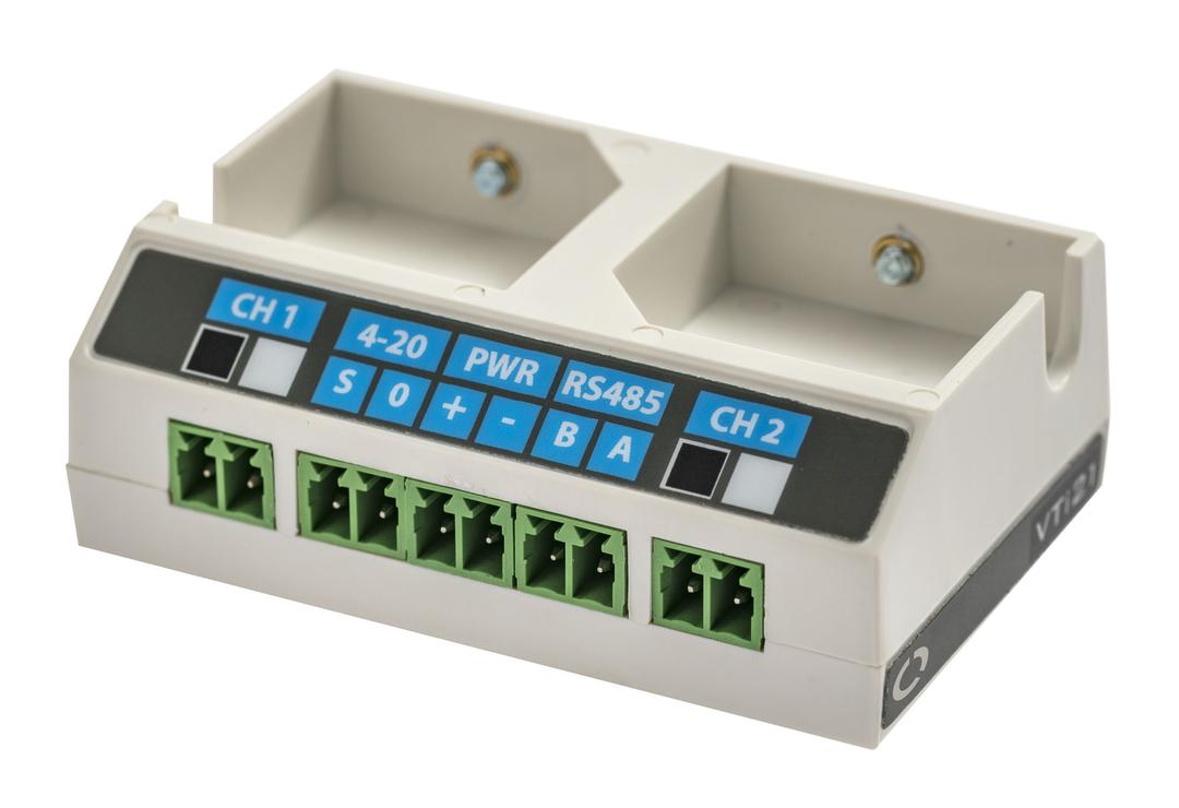 A white electronic device with green terminal blocks, labeled for channels, power, and RS485 connections.