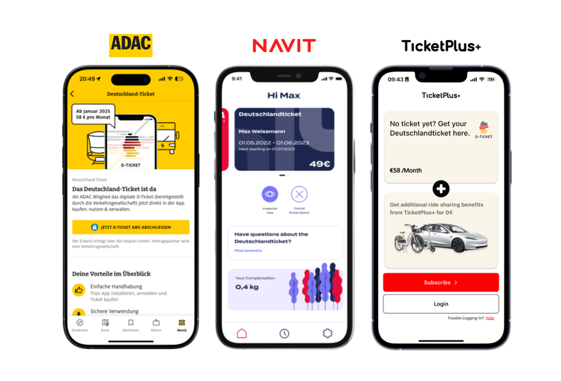 Three smartphone screens displaying apps for buying and managing Deutschlandticket plans: ADAC app, Navit app, and TicketPlus app.
