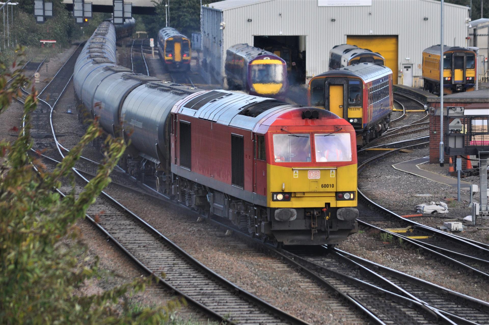 Westbound freight train passing Eastcroft maintenance depot