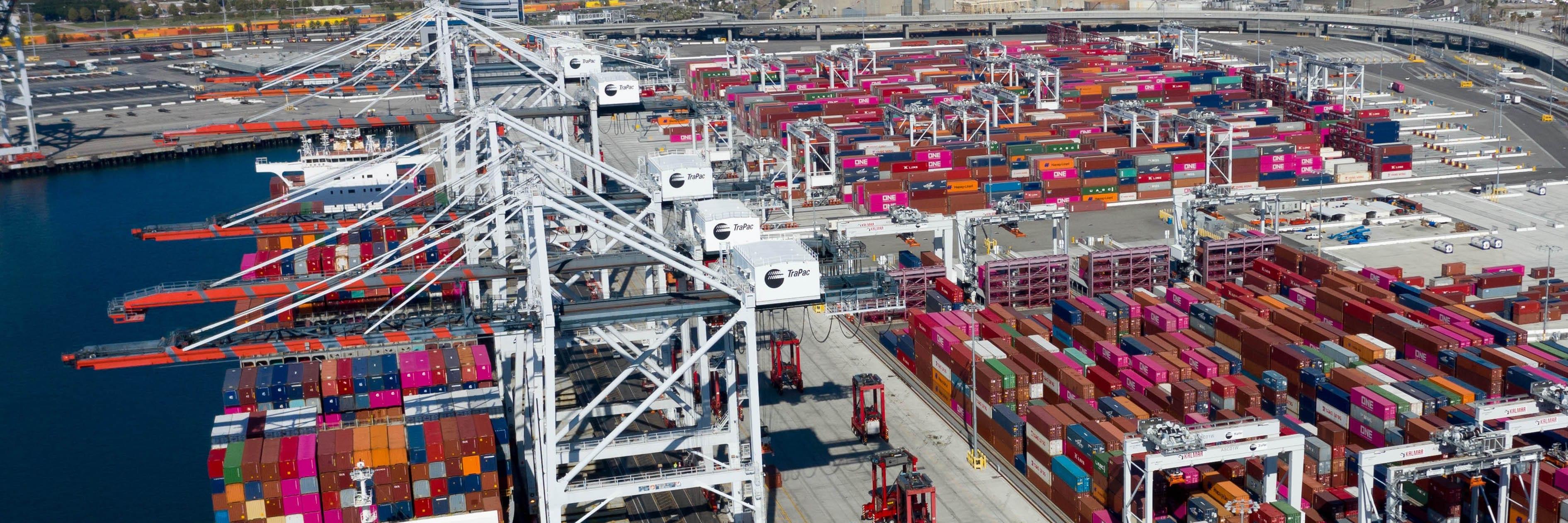 Aerial view of containers and cranes at a port