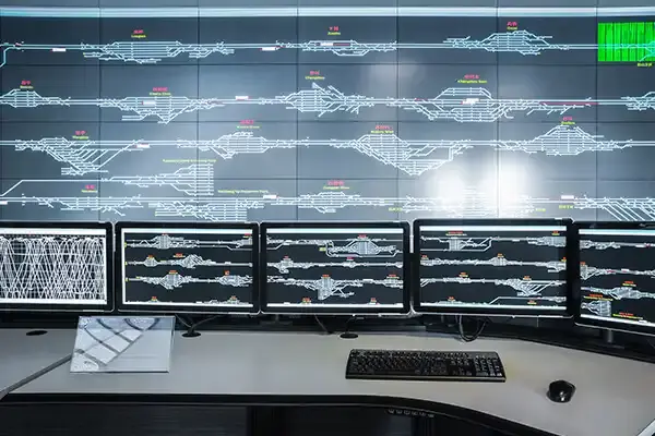 Control room with multiple monitors displaying railway network schematics and train routes, featuring a keyboard and mouse on the desk.