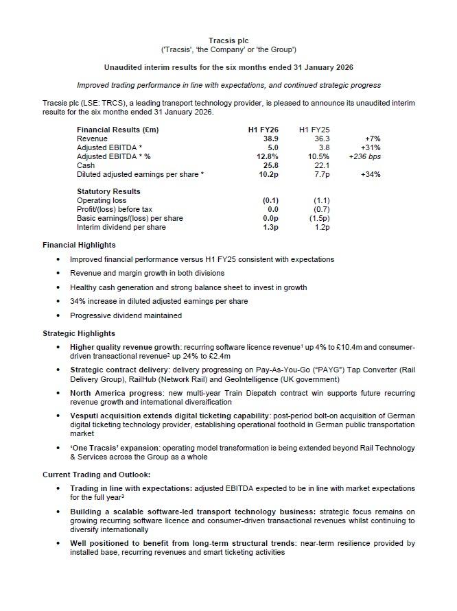 Financial report for Tracsis plc, six months ended 31 Jan 2026, highlighting revenue, EBITDA growth, strategic progress, and current trading outlook.
