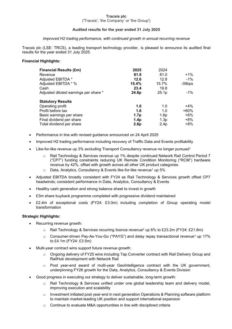 A financial report for Tracsis plc, detailing audited results for the year ending 31 July 2025, with highlights and strategic outlook.