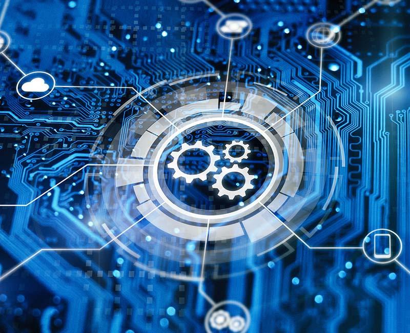 Abstract digital image of a circuit board with gears, cloud, and device icons, symbolizing technology and connectivity.