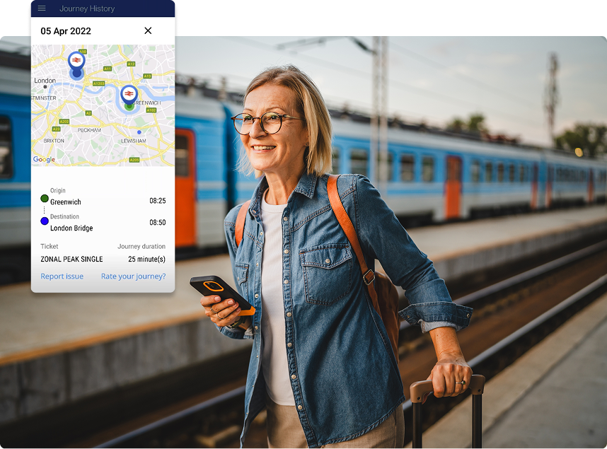 Smiling woman with luggage and phone at train station, next to a map showing a journey on a phone app.