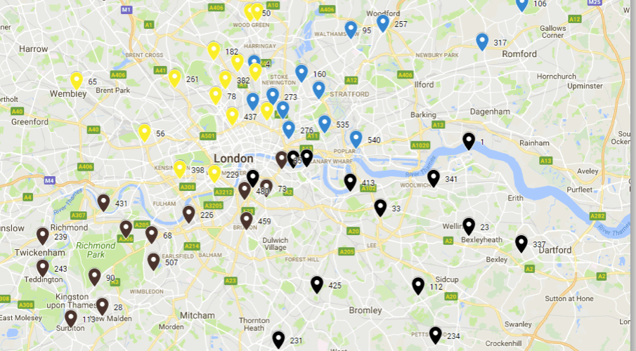 A map with pinned locations.