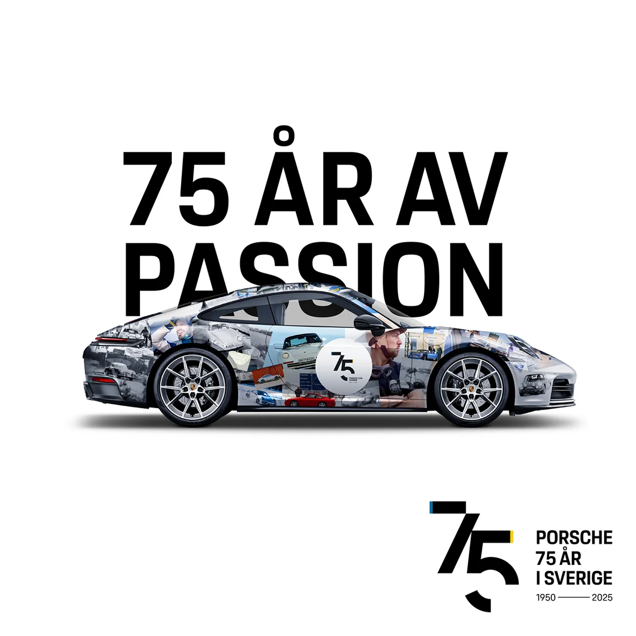 En vit Porsche sportbil som kör i snö med vinterlandskap i bakgrunden.