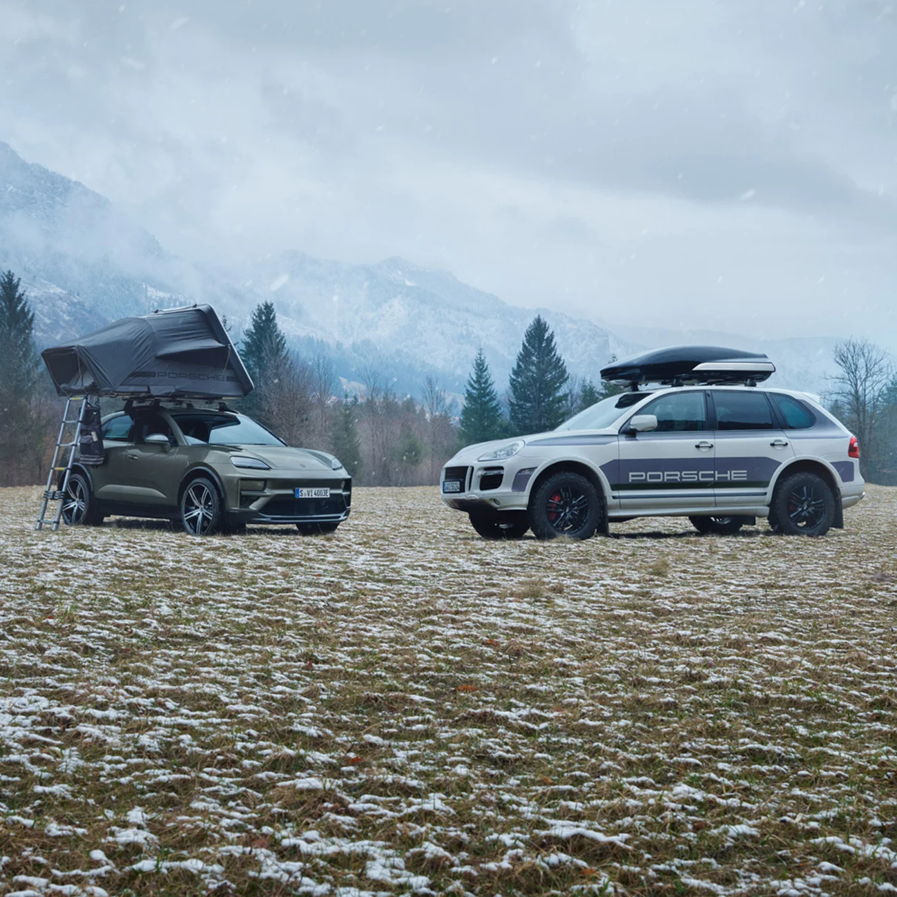 Deux Porsche Cayenne avec des accessoires tels qu’un coffre de toit, stationnées dans un paysage montagneux.
