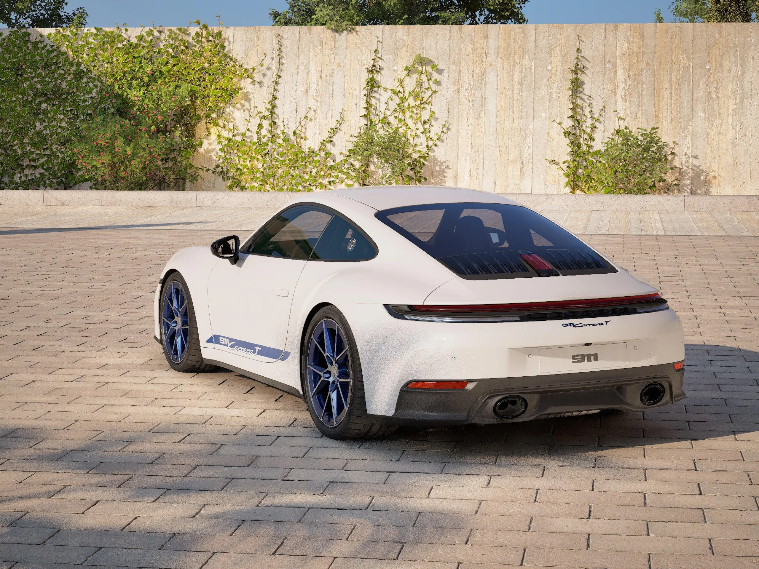 A rendering of a white Porsche 911 with blue accents.