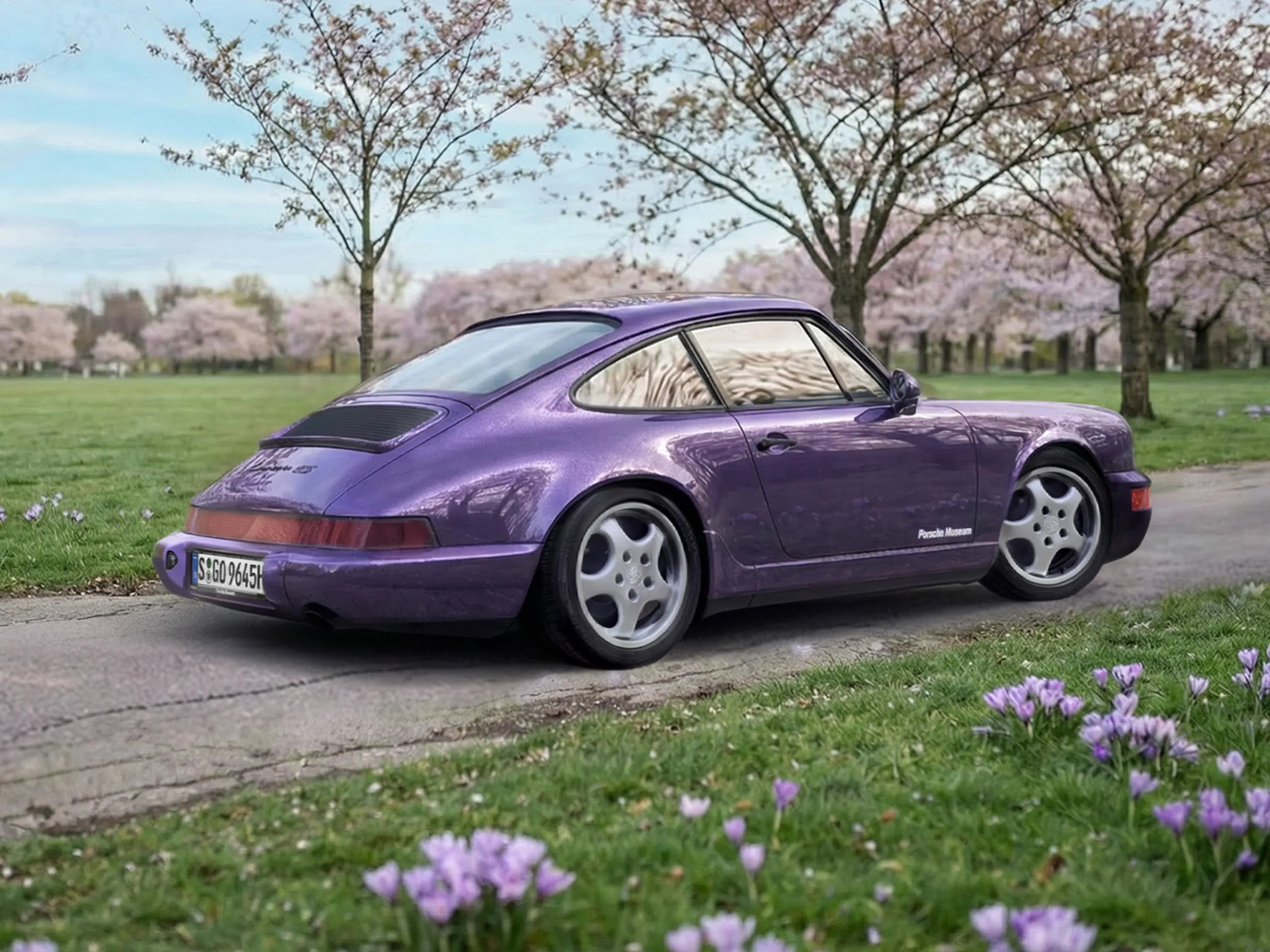Classic Porsche 911 in purple on a road surrounded by blooming trees and spring flowers.