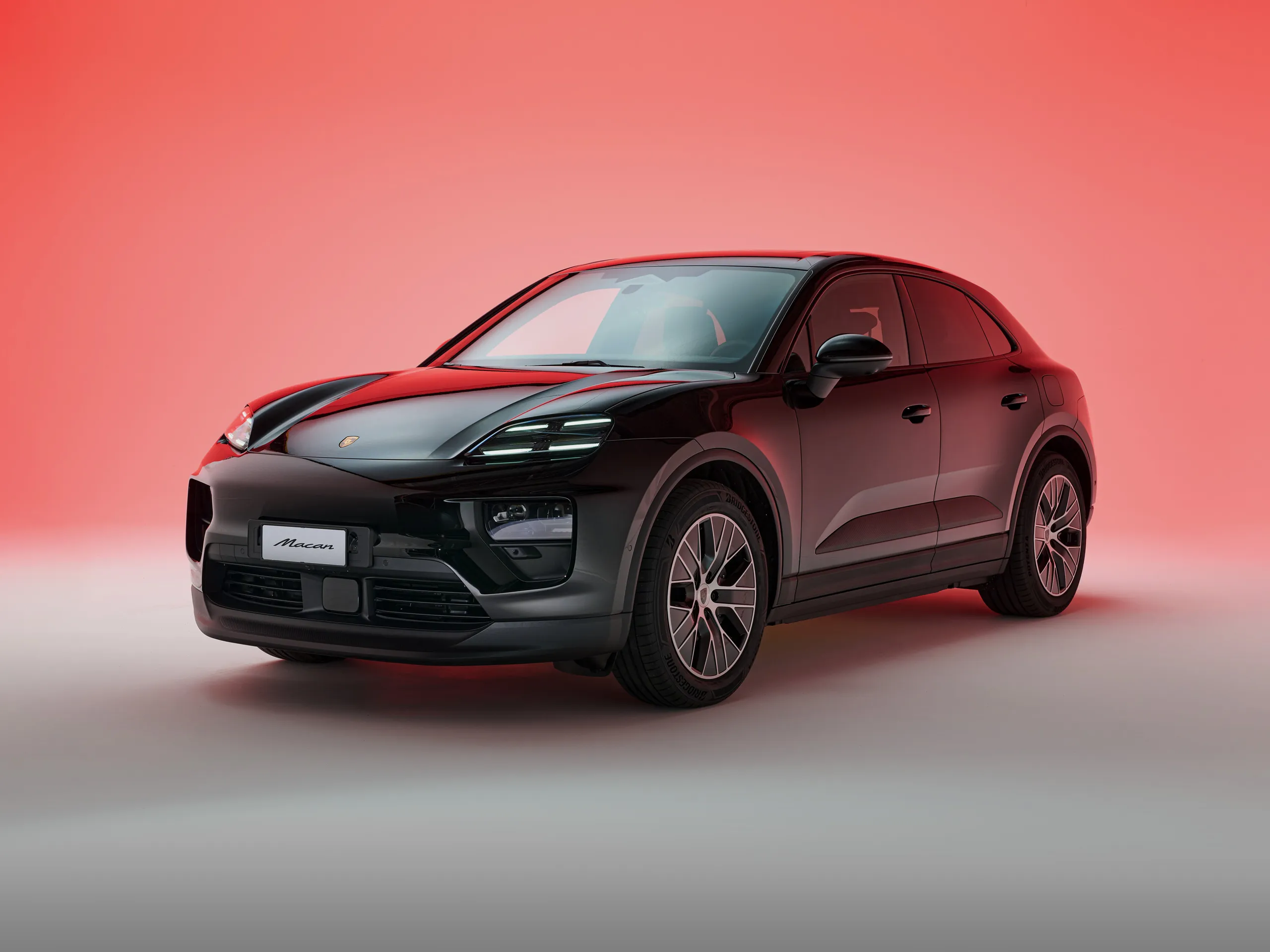 A Macan is positioned gracefully against a vibrant pink backdrop.