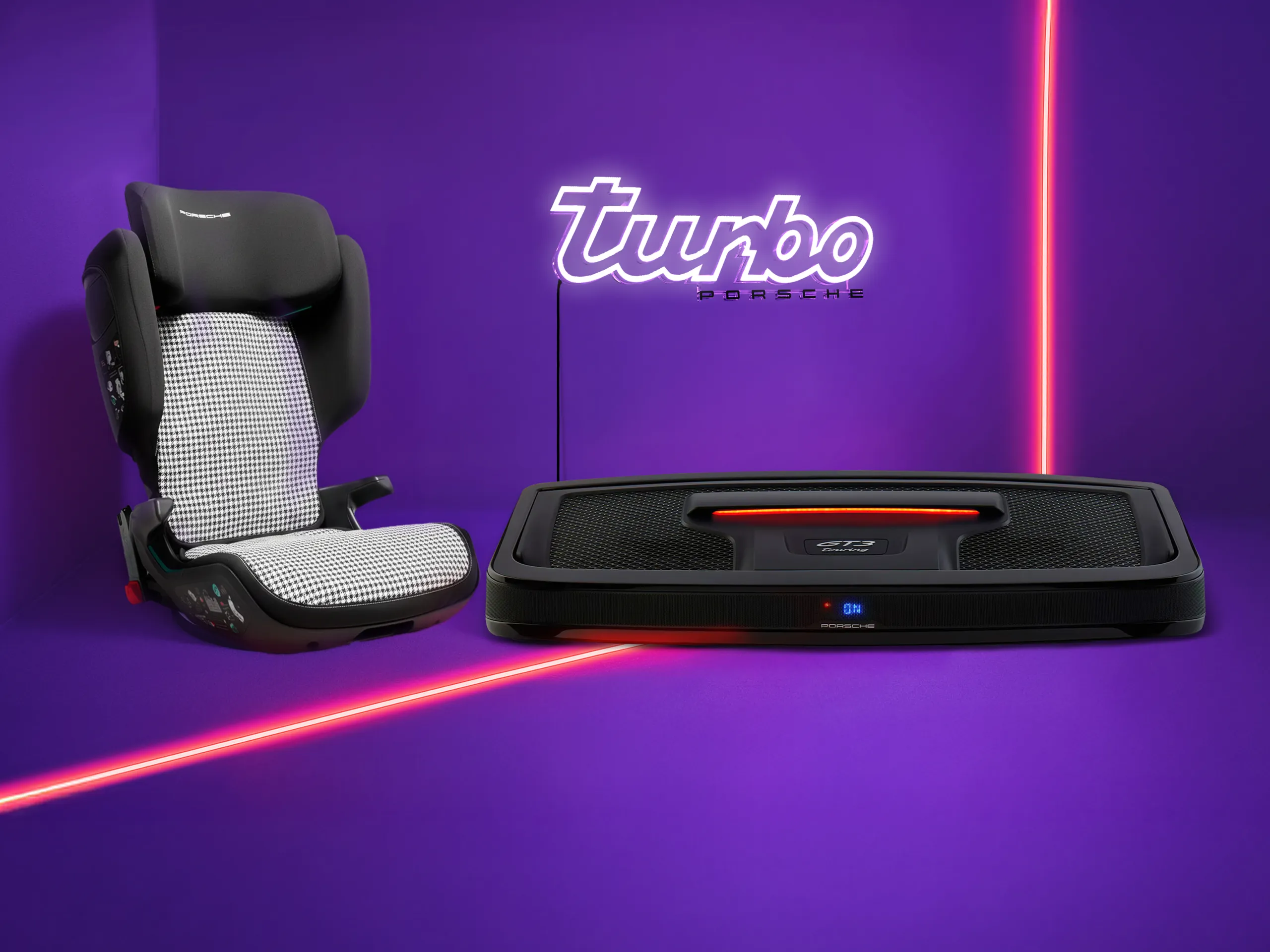 Porsche Cyber Week visual featuring child seat and subwoofer against purple background with “turbo” neon sign.