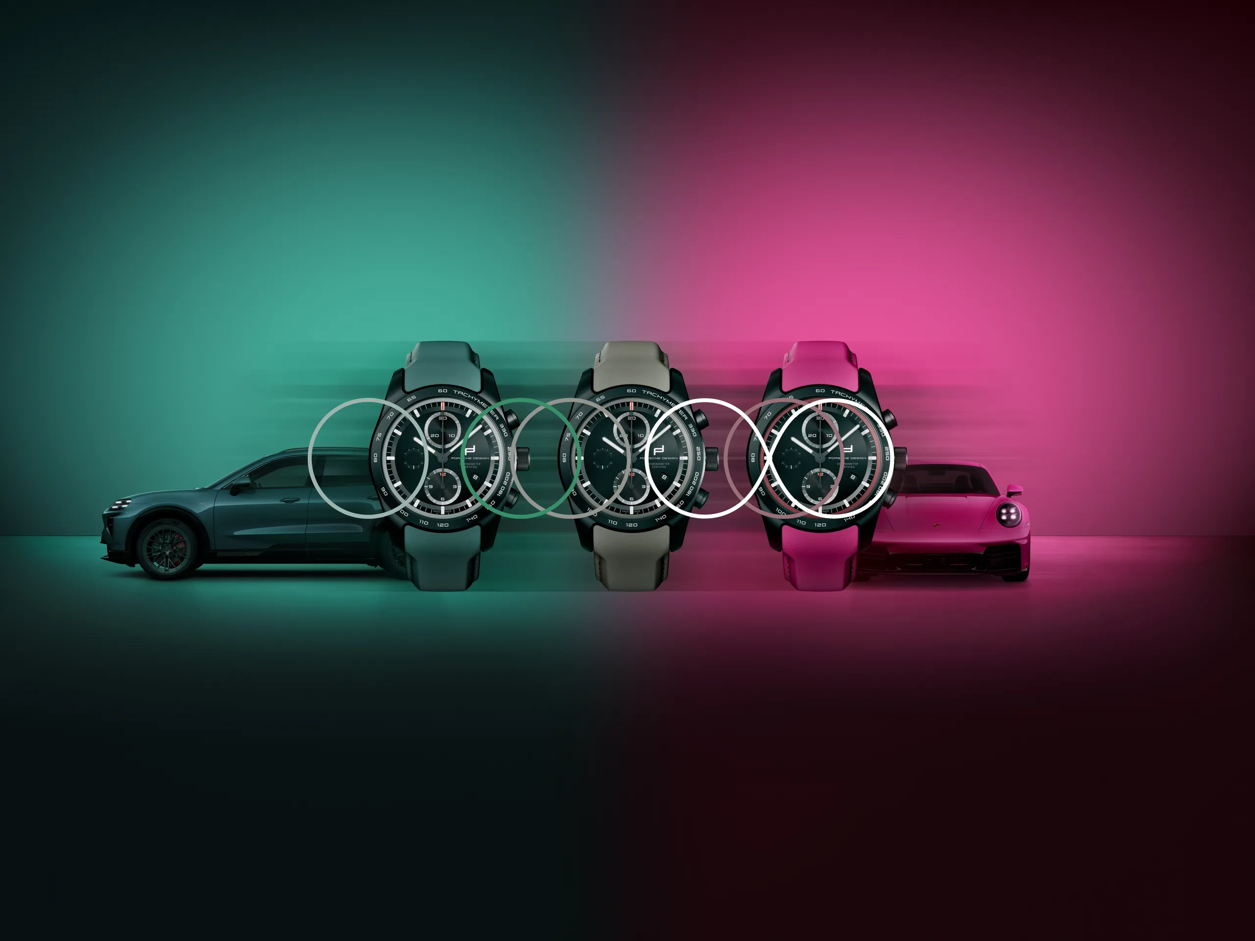 Trois montres devant une Porsche verte et rose.  