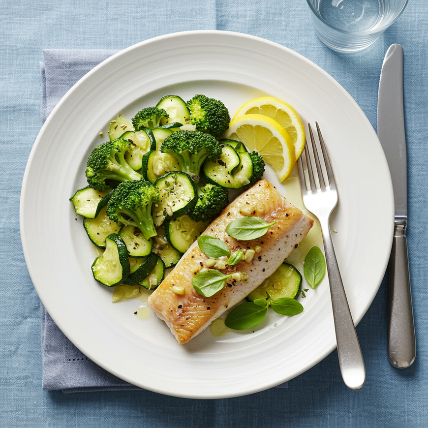 Gegrillter Fisch mit Zitronenscheiben, Zucchini und Brokkoli auf einem weißen Teller, garniert mit Basilikumblättern, daneben Gabel und Messer auf einer blauen Tischdecke.