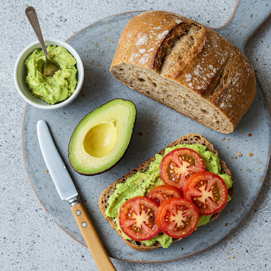Geschnittenes Brot mit Avocadoaufstrich und Tomatenscheiben, eine Avocadohälfte, ein Messer und eine Schüssel mit zerdrückter Avocado auf einem runden Brett.
