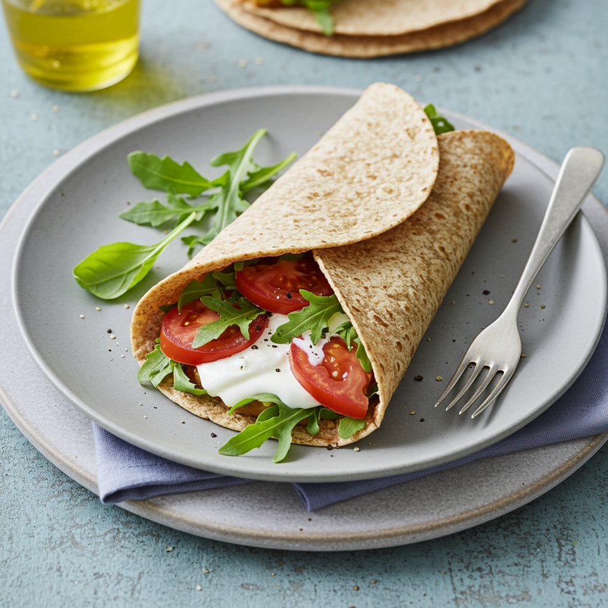 Ein Vollkorn-Wrap gefüllt mit Rucola, Tomatenscheiben und Sahnesauce auf einem grauen Teller, dazu eine Gabel und ein Glas Olivenöl.
