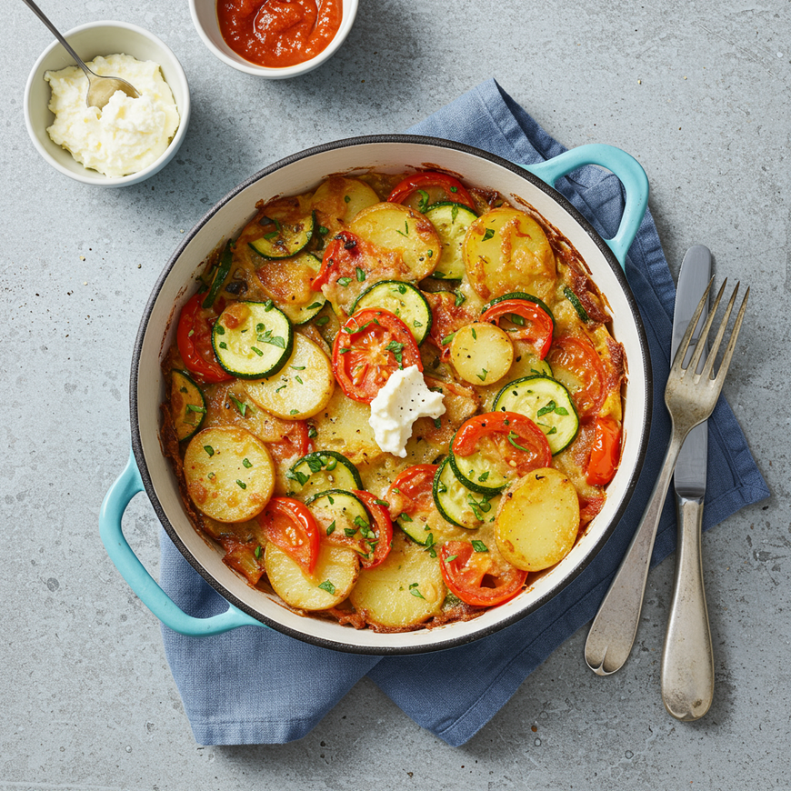 Ein buntes Gemüsegratin in einer Schüssel mit blauem Griff mit Zucchini, Tomaten und Kartoffeln, garniert mit Kräutern. Gabel, Messer und Soßen daneben.