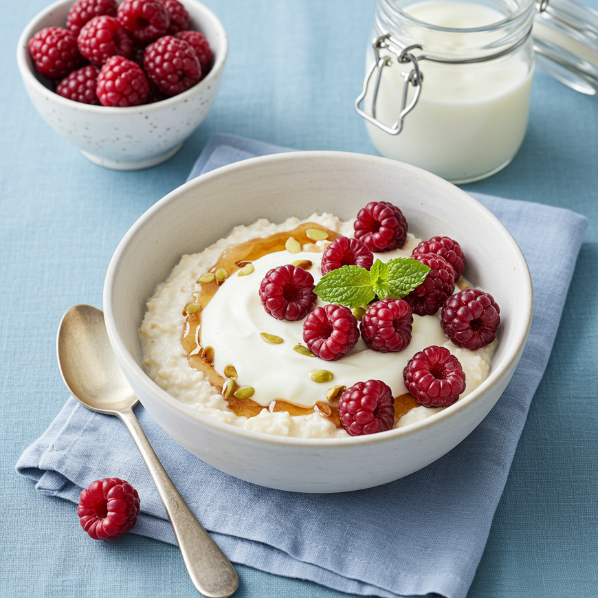 Eine Haferbrei mit Joghurt, Himbeeren, Minze und Samen, neben einem Glas Milch und einer Schuessel Himbeeren auf einem blauen Tuch.