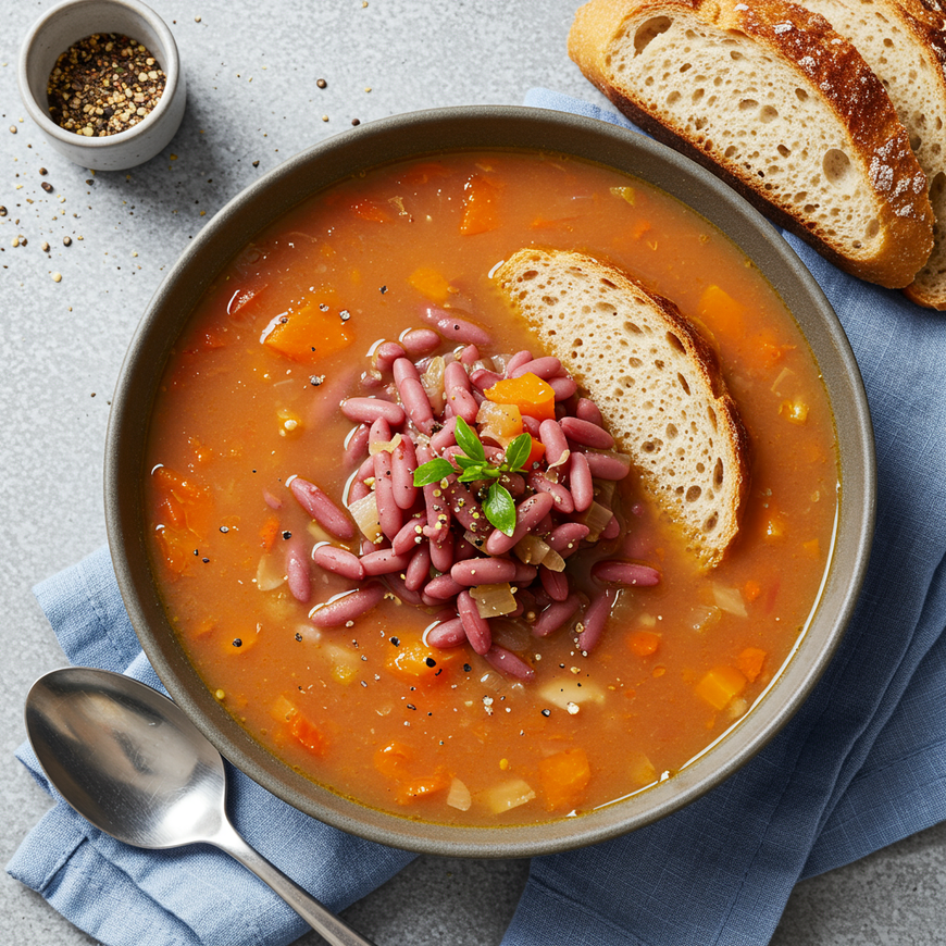 Schüssel Bohnensuppe mit geschnittenem Brot auf einer blauen Serviette. Garniert mit Kräutern und Pfeffer. Löffel und kleine Pfefferschale an der Seite.