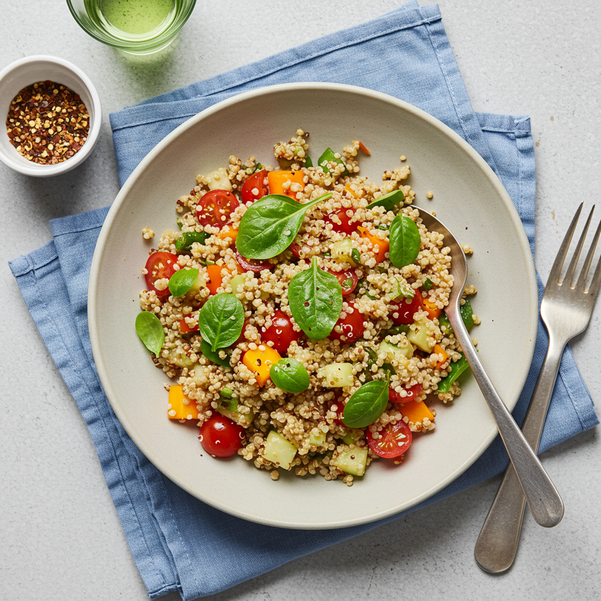 Ein Teller Quinoa-Salat mit Kirschtomaten, Paprika, Gurke und Spinat, serviert mit Gabel und Messer auf einer blauen Serviette.