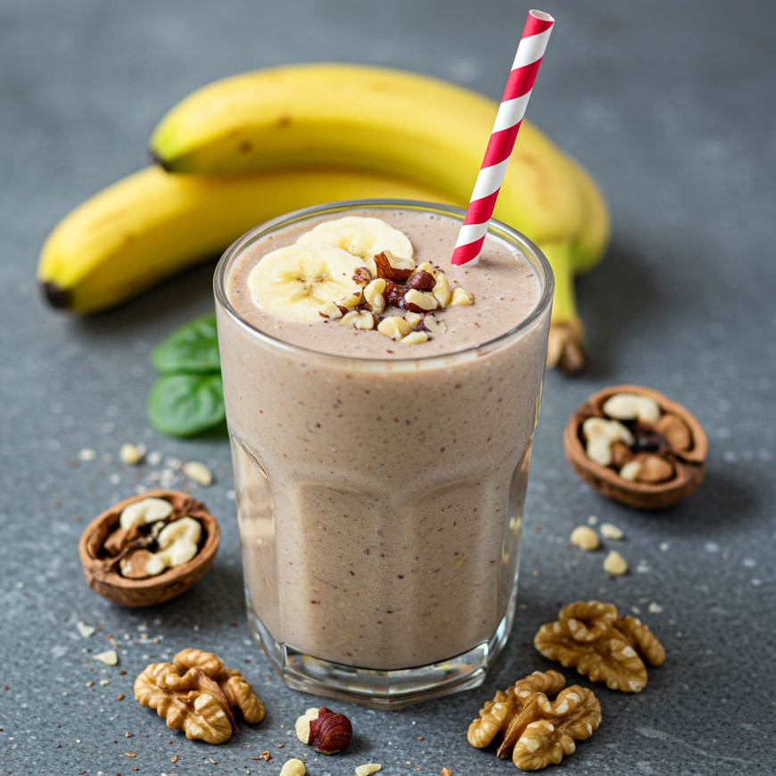 Ein cremiger Bananen-Smoothie mit gestreiftem Strohhalm, garniert mit Bananenscheiben und Nüssen, umgeben von ganzen Bananen und Walnüssen auf einer grauen Oberfläche.