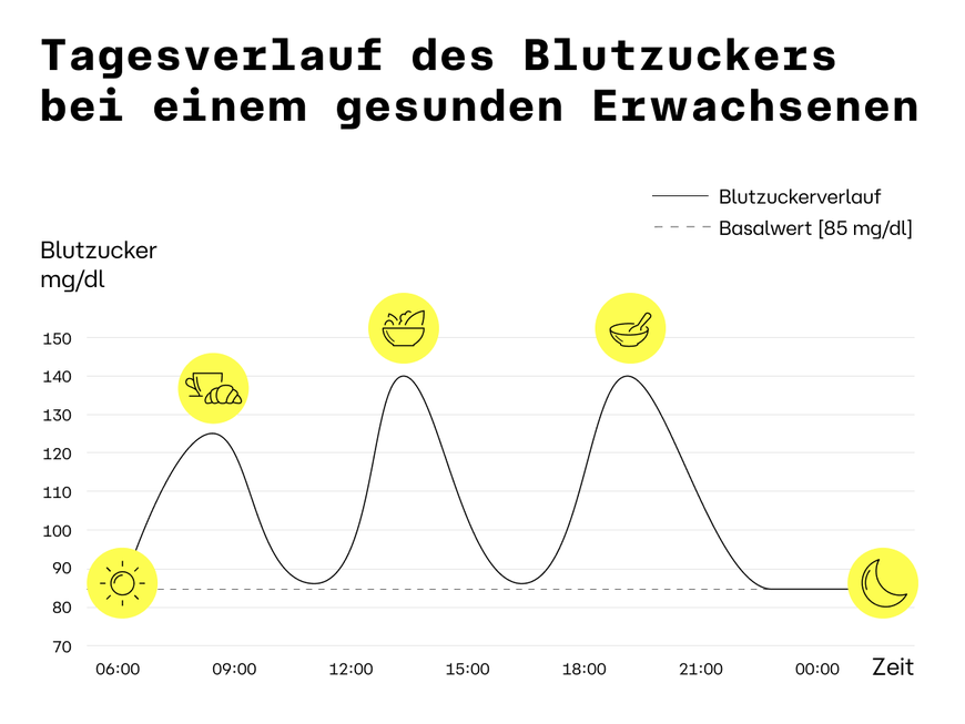 Kurvendiagramm mit Blutzucker mg/dl auf der Y-Achse und der Tageszeit auf der X-Achse