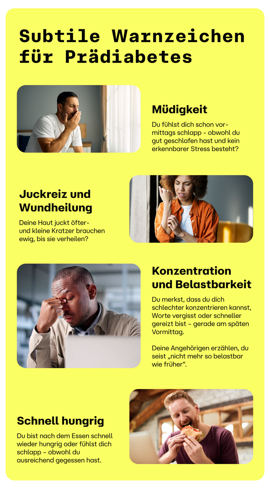 Infografik zu Warnsignalen für Prädiabetes mit Bildern und Text: Müdigkeit, Juckreiz, Konzentrationsprobleme und häufiges Hungergefühl.