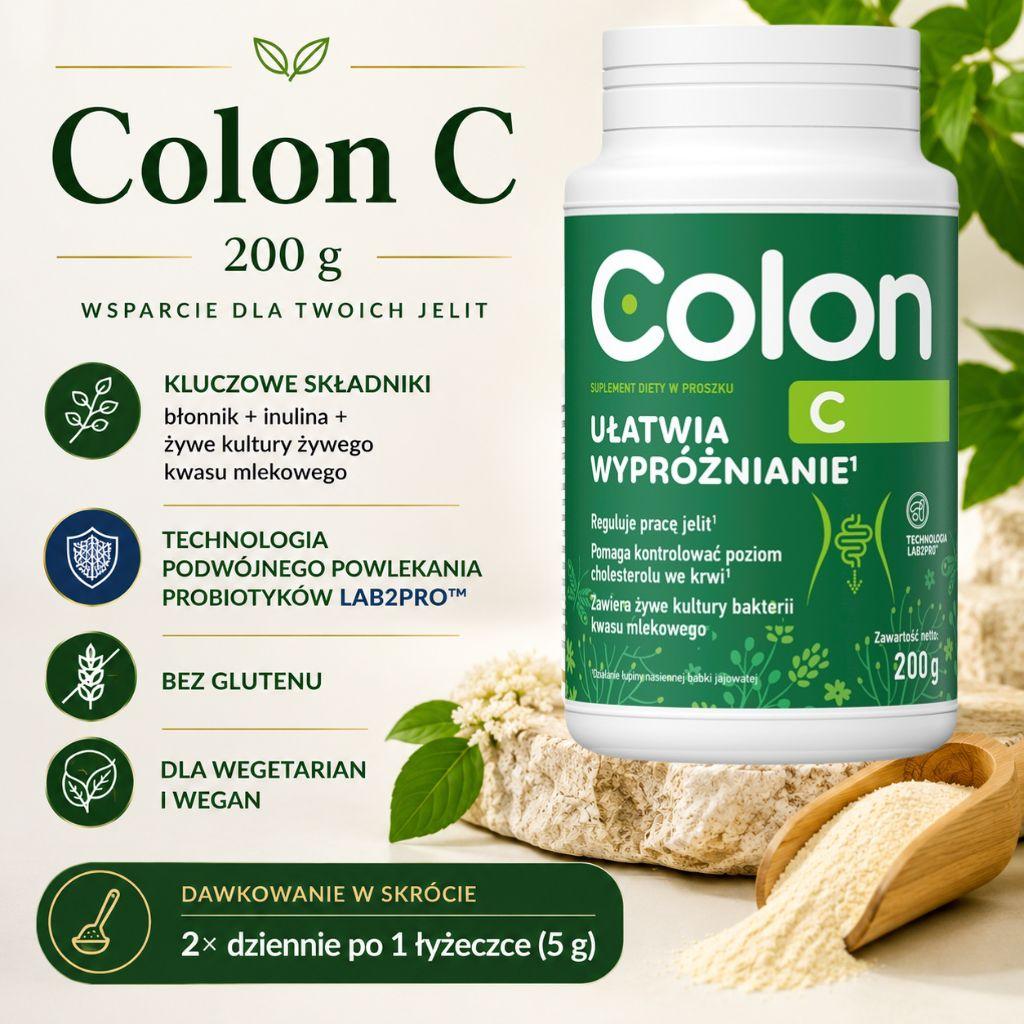 Colon C 200 g – suplement diety z błonnikiem, inuliną i żywymi kulturami bakterii kwasu mlekowego, z technologią LAB2PRO™, bez glutenu, odpowiedni dla wegetarian i wegan.