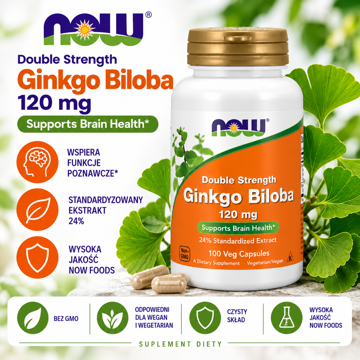 NOW Foods Ginkgo Biloba Double Strength 120 mg – suplement diety, 100 kapsułek roślinnych, zawierający standaryzowany ekstrakt z miłorzębu japońskiego 24%.