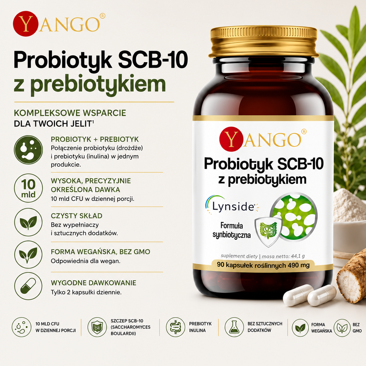 Probiotyk SCB-10 z prebiotykiem, 90 kapsułek roślinnych – suplement diety z Saccharomyces boulardii i inuliną, 10 mld CFU w dziennej porcji, wegańska formuła bez GMO i sztucznych dodatków.