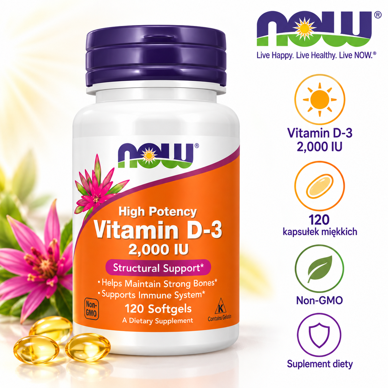 NOW Foods Vitamin D-3 2000 IU – suplement diety, 120 kapsułek miękkich, zawierający witaminę D3 w dawce 2000 IU.