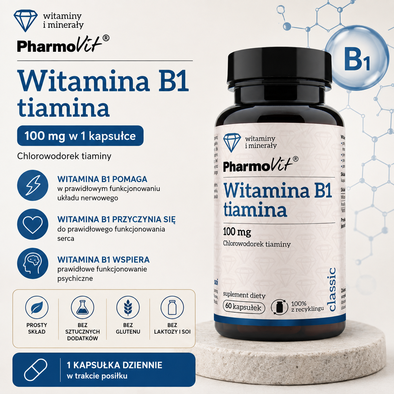 PharmoVit Witamina B1 Tiamina 100 mg – suplement diety, 60 kapsułek, z chlorowodorkiem tiaminy, prosty skład bez sztucznych dodatków.