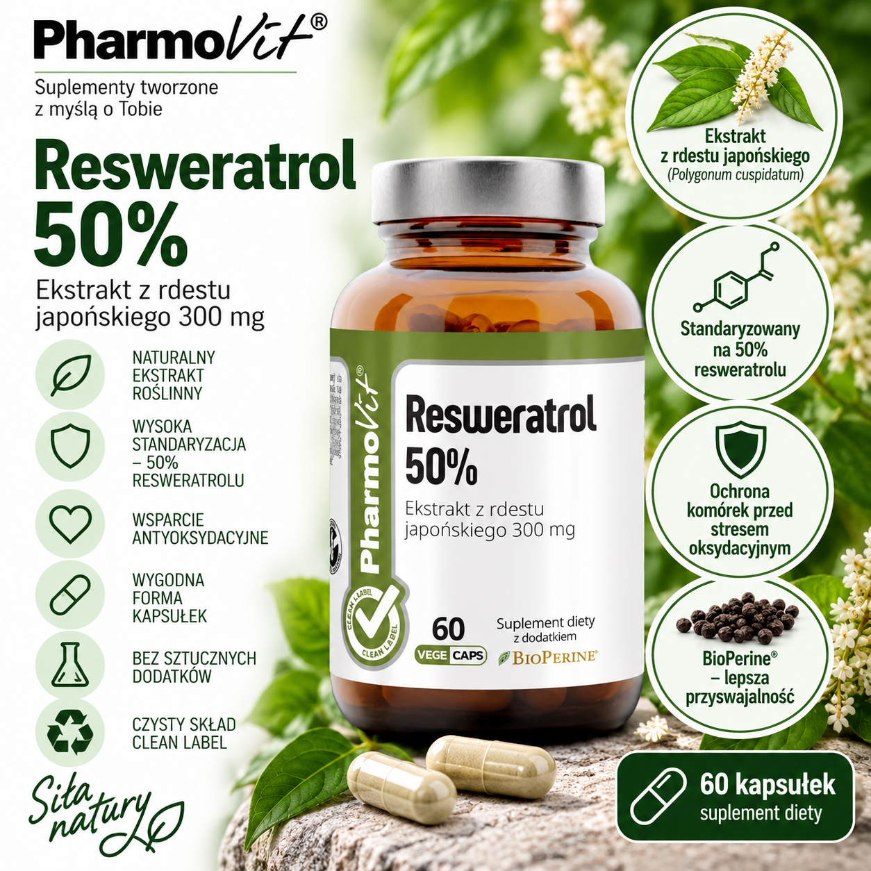 PharmoVit Resweratrol 50% – suplement diety, 60 kapsułek wegańskich, zawierający 300 mg ekstraktu z rdestu japońskiego standaryzowanego na 50% resweratrolu, z BioPerine®.
