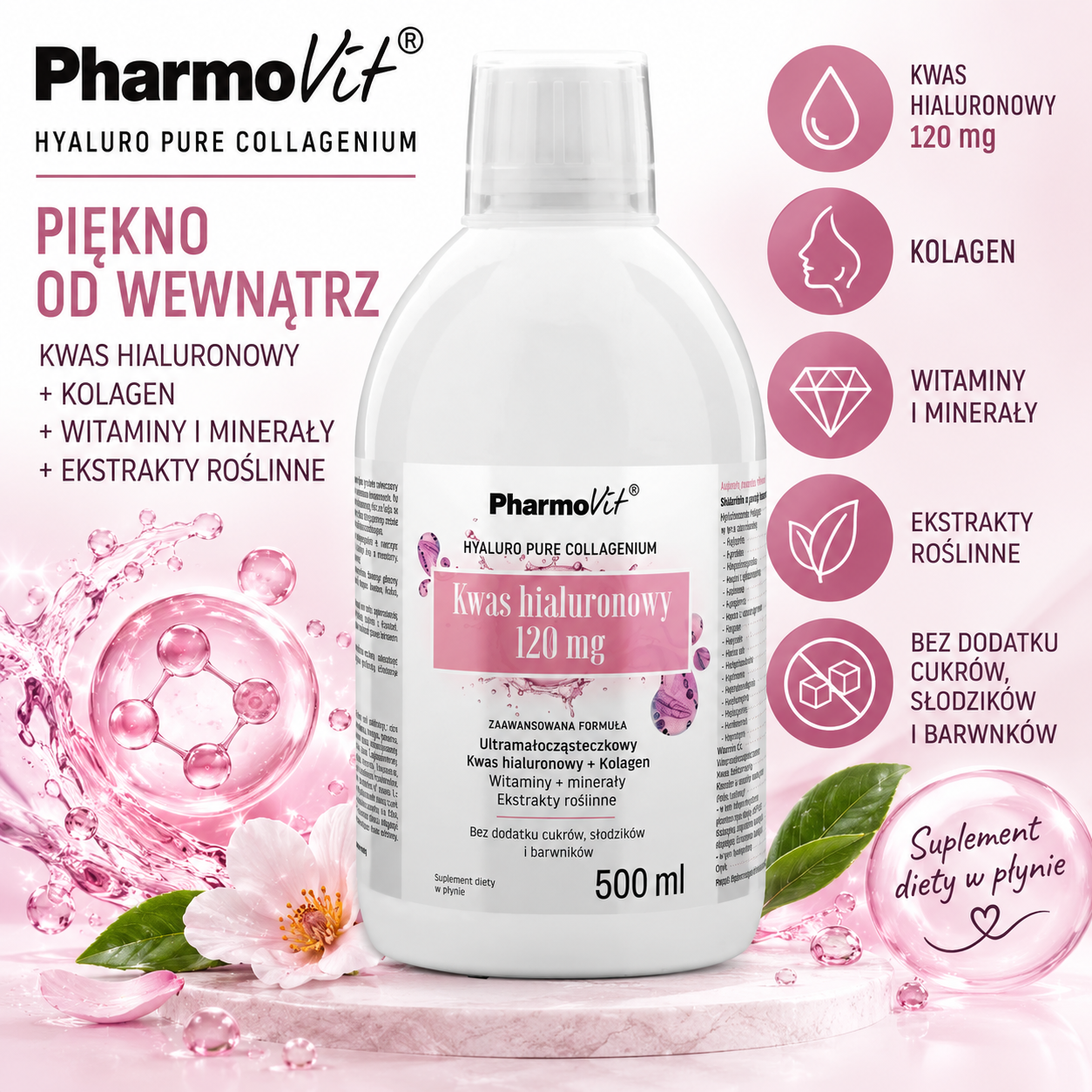 PharmoVit Hyaluro Pure Collagenium – suplement diety w płynie, 500 ml, zawierający kwas hialuronowy 120 mg, kolagen, witaminy, minerały i ekstrakty roślinne.