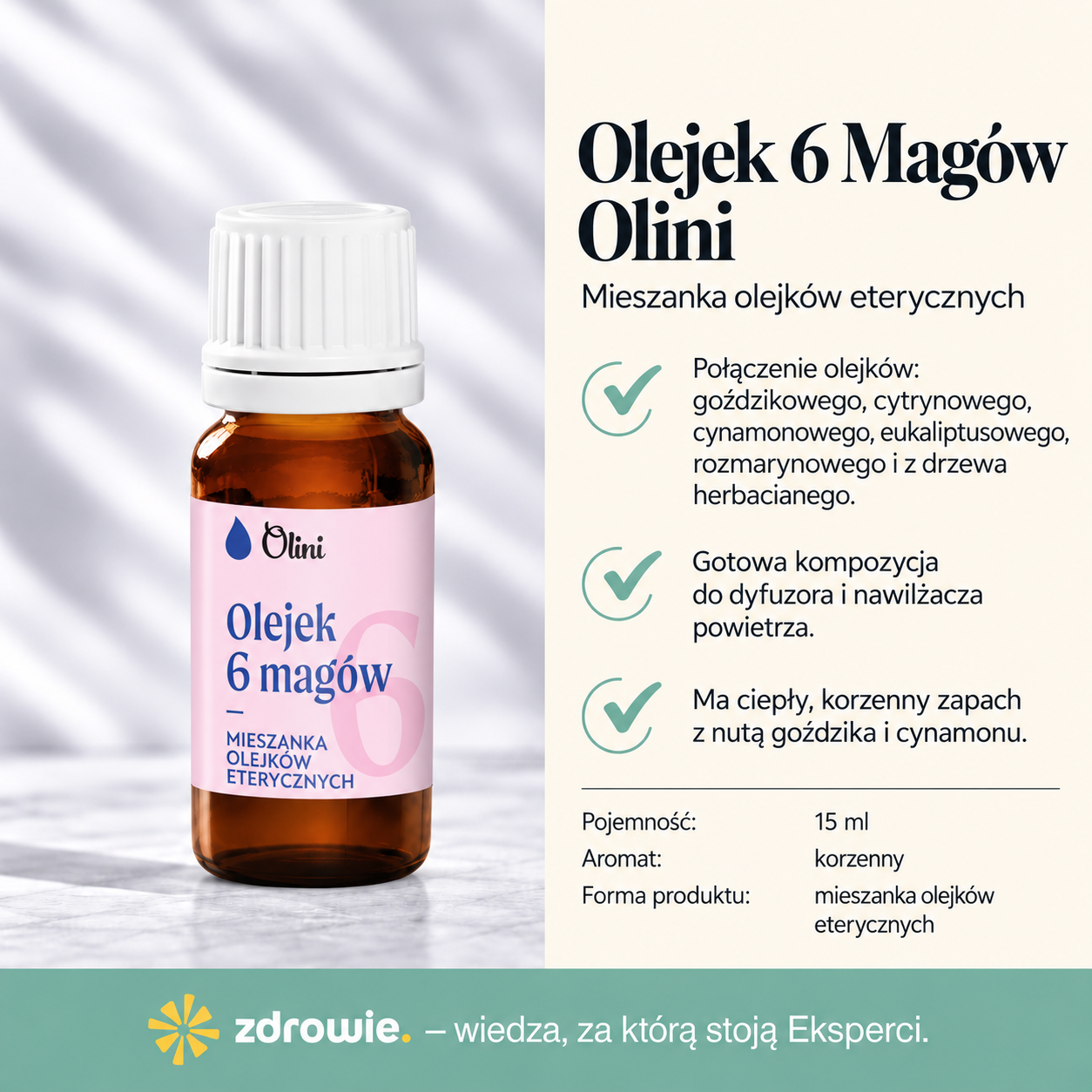 Grafika produktowa mieszanki olejków eterycznych Olini Olejek 6 Magów. Po lewej stronie znajduje się bursztynowa buteleczka z białą nakrętką i różową etykietą. Po prawej przedstawiono informacje o połączeniu sześciu olejków eterycznych, zastosowaniu w dyfuzorze i nawilżaczu powietrza oraz ciepłym, korzennym zapachu z nutą goździka i cynamonu. Na dole widoczna jest specyfikacja produktu oraz zielona stopka z logo zdrowie.