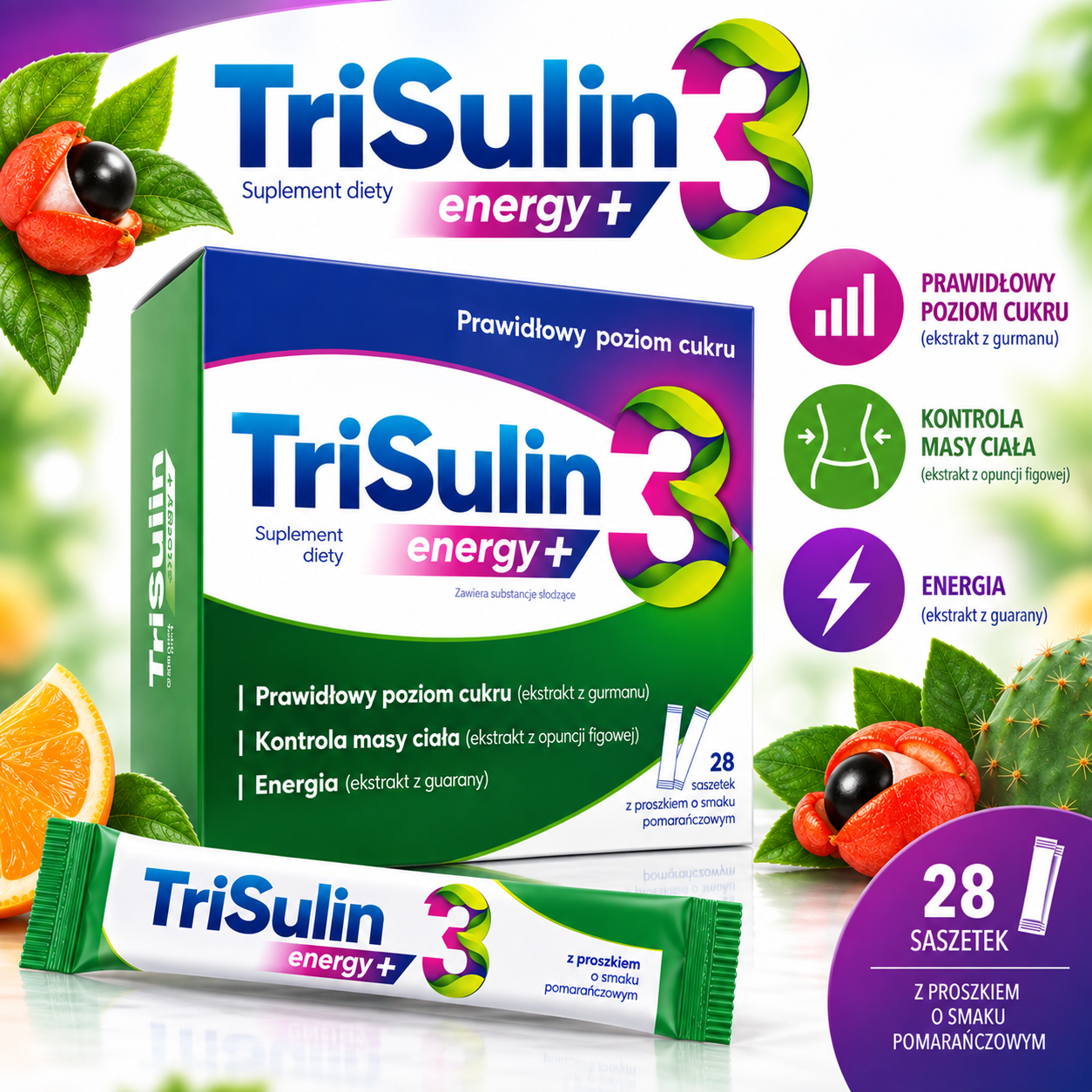 TriSulin Energy+ – suplement diety, 28 saszetek z proszkiem o smaku pomarańczowym, zawierający ekstrakty z gurmaru, opuncji figowej i guarany.