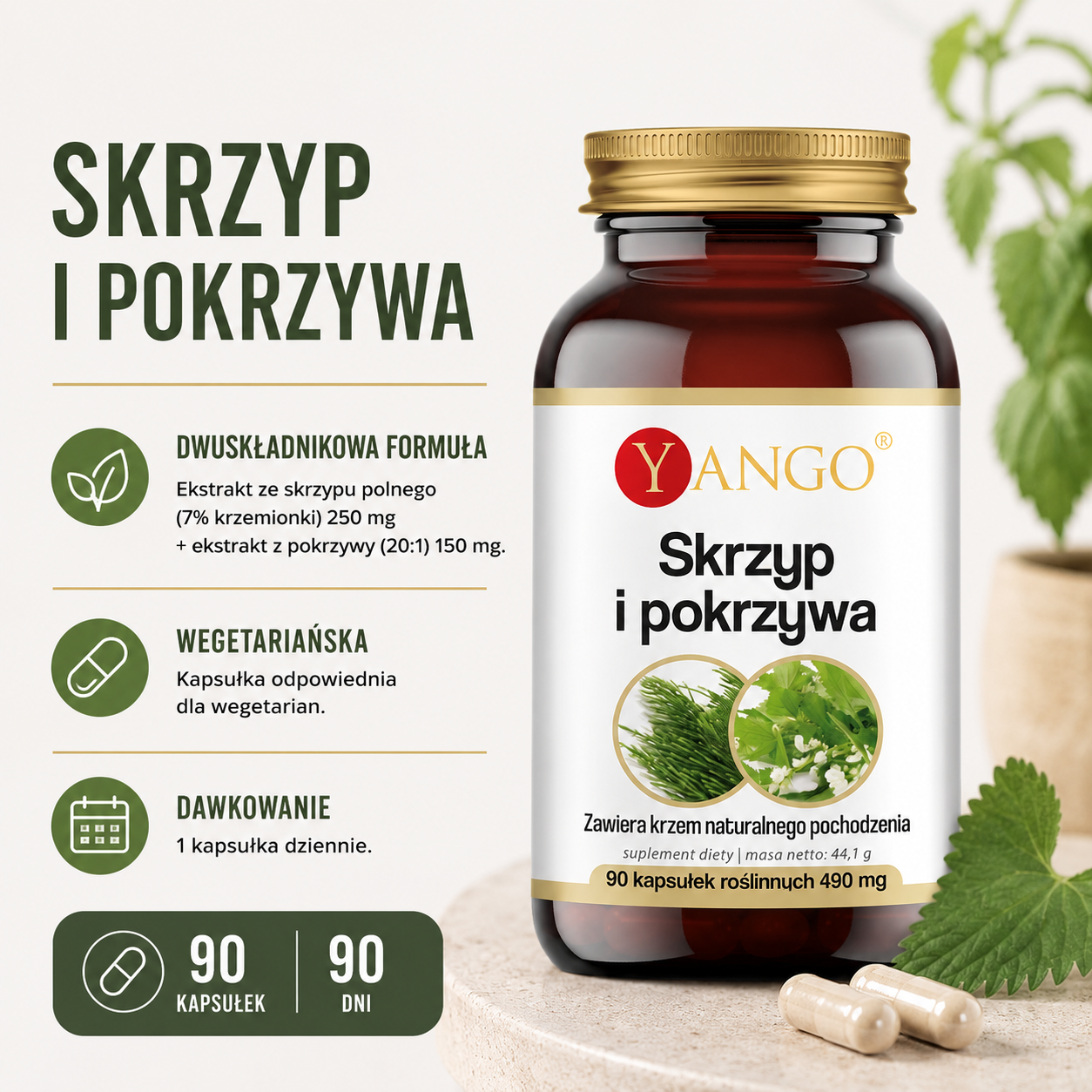 Butelka suplementu diety "Skrzyp i pokrzywa" marki Yango, z informacjami o składnikach, zalecanej dawce i liczbie kapsułek.
