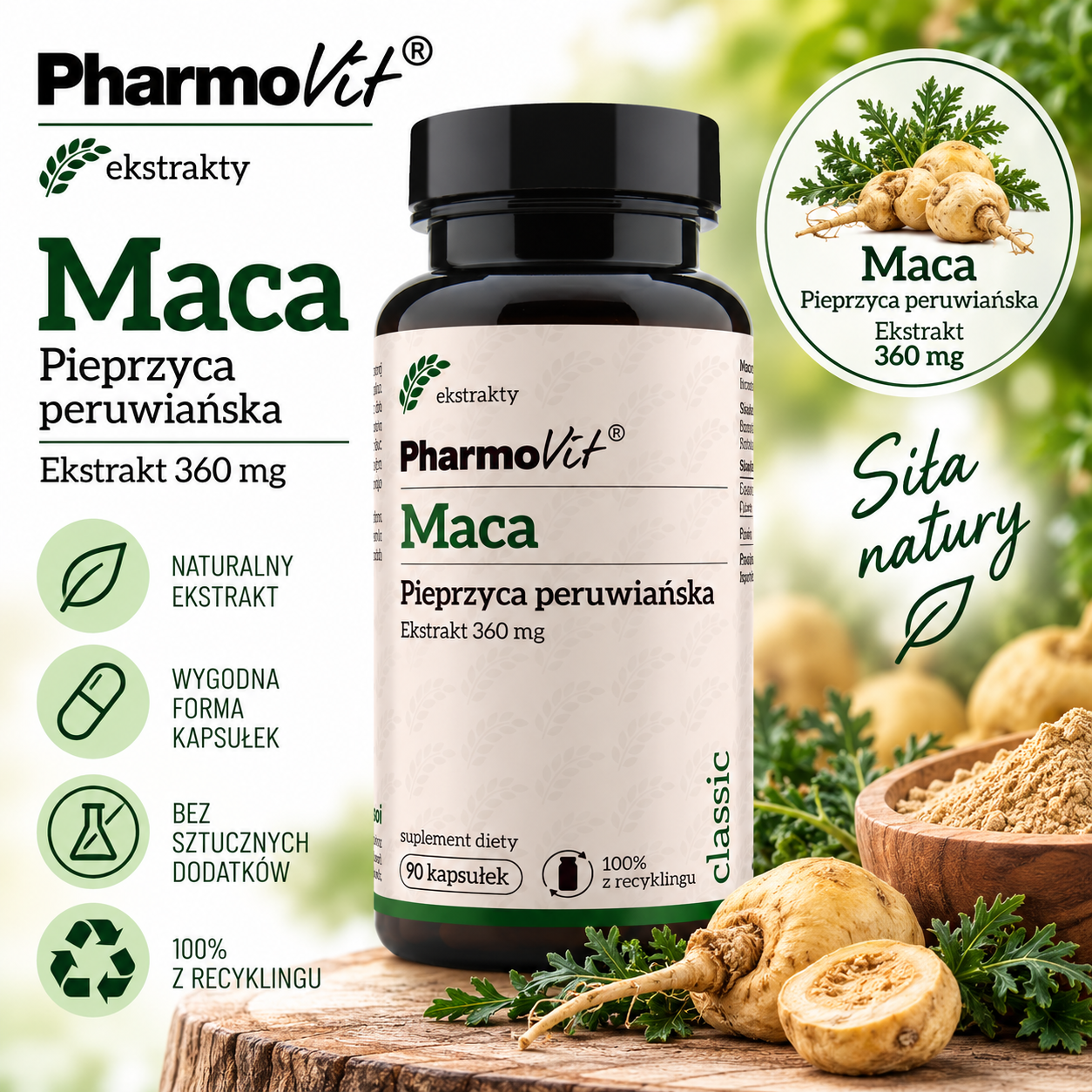 PharmoVit Maca Pieprzyca peruwiańska – suplement diety, 90 kapsułek, zawierający 360 mg ekstraktu z korzenia maca (Lepidium meyenii).