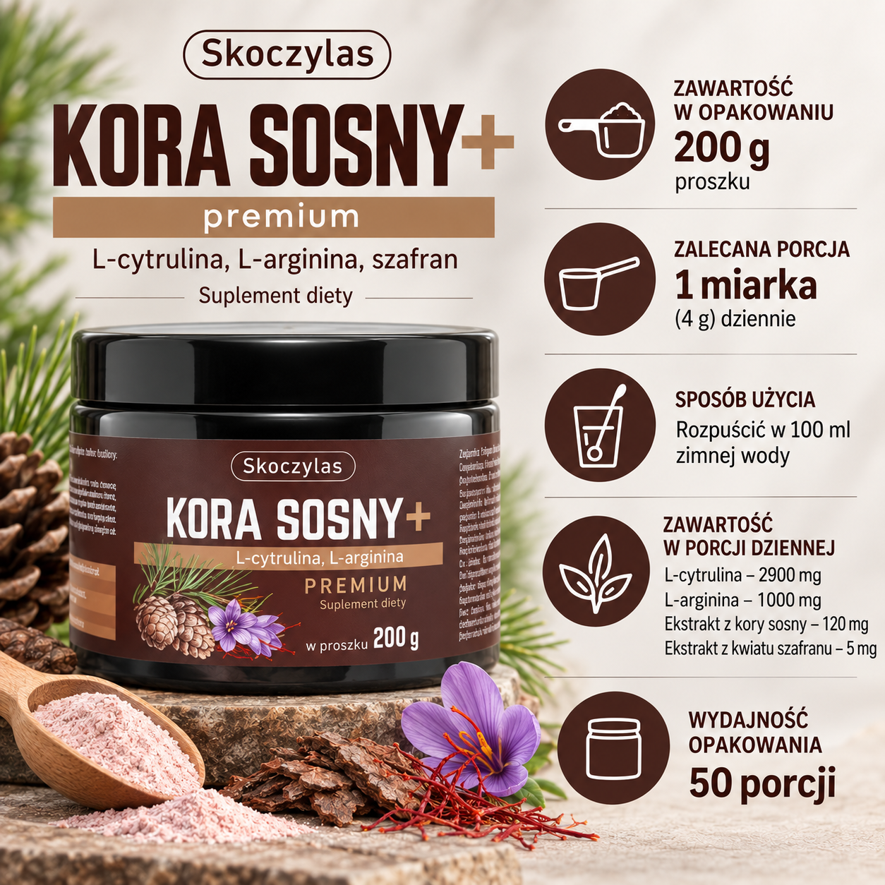 Skoczylas Kora Sosny+ Premium 200 g – suplement diety w proszku z L-cytruliną, L-argininą i szafranem. Grafika informacyjna przedstawiająca opakowanie produktu, zalecaną porcję 1 miarki dziennie (4 g), sposób przygotowania oraz zawartość składników w porcji dziennej.