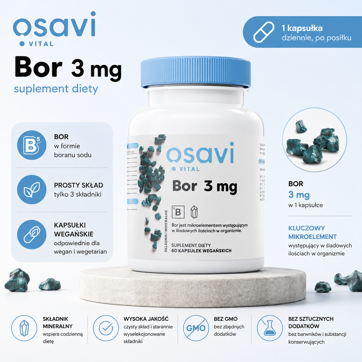 Osavi Bor 3 mg – suplement diety, 60 kapsułek wegańskich, zawierający bor w formie boranu sodu, prosty skład i 3 mg boru w jednej kapsułce.