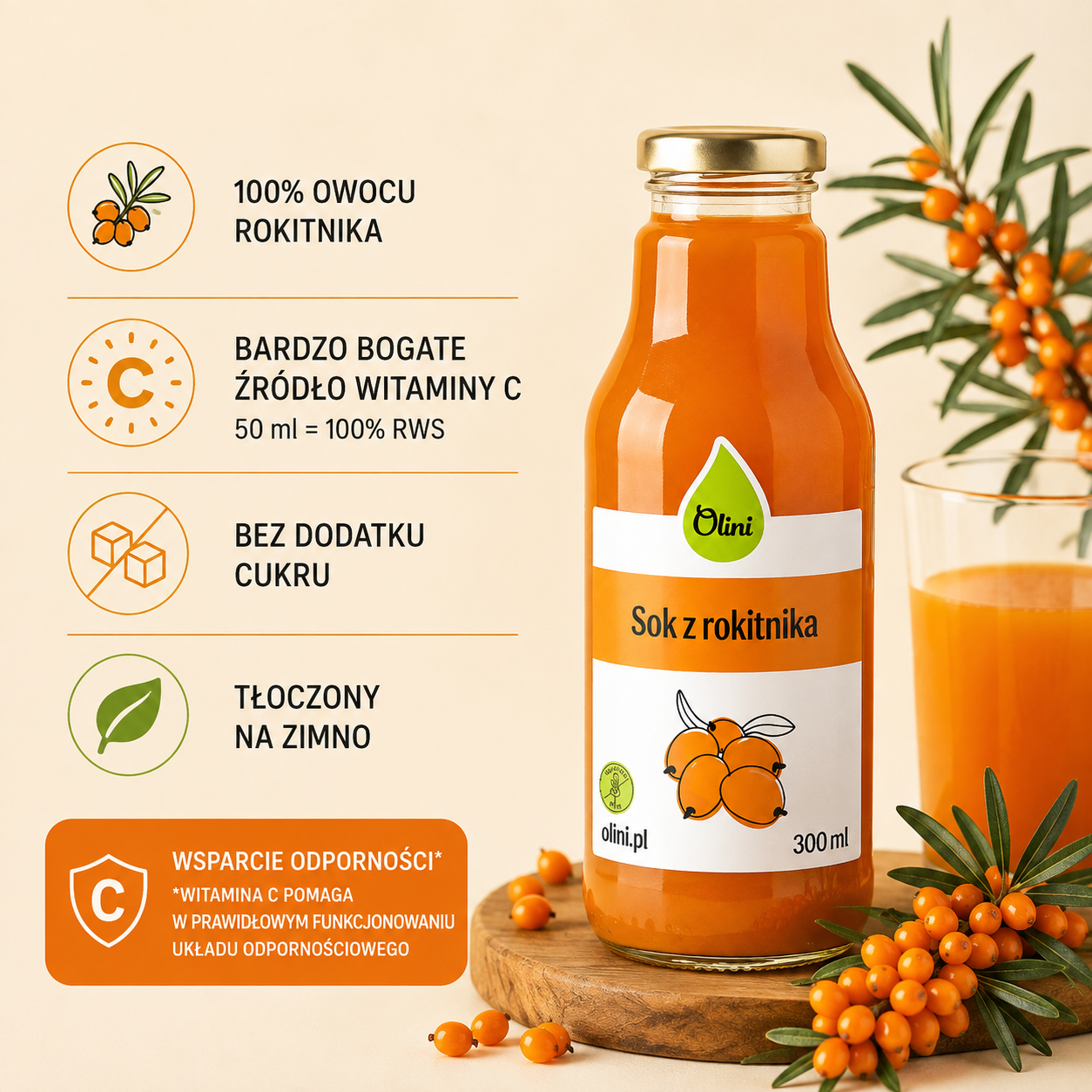 Sok z rokitnika Olini 300 ml – 100% owocu rokitnika, bez dodatku cukru, bardzo bogate źródło witaminy C; 50 ml dostarcza 100% referencyjnej wartości spożycia.
