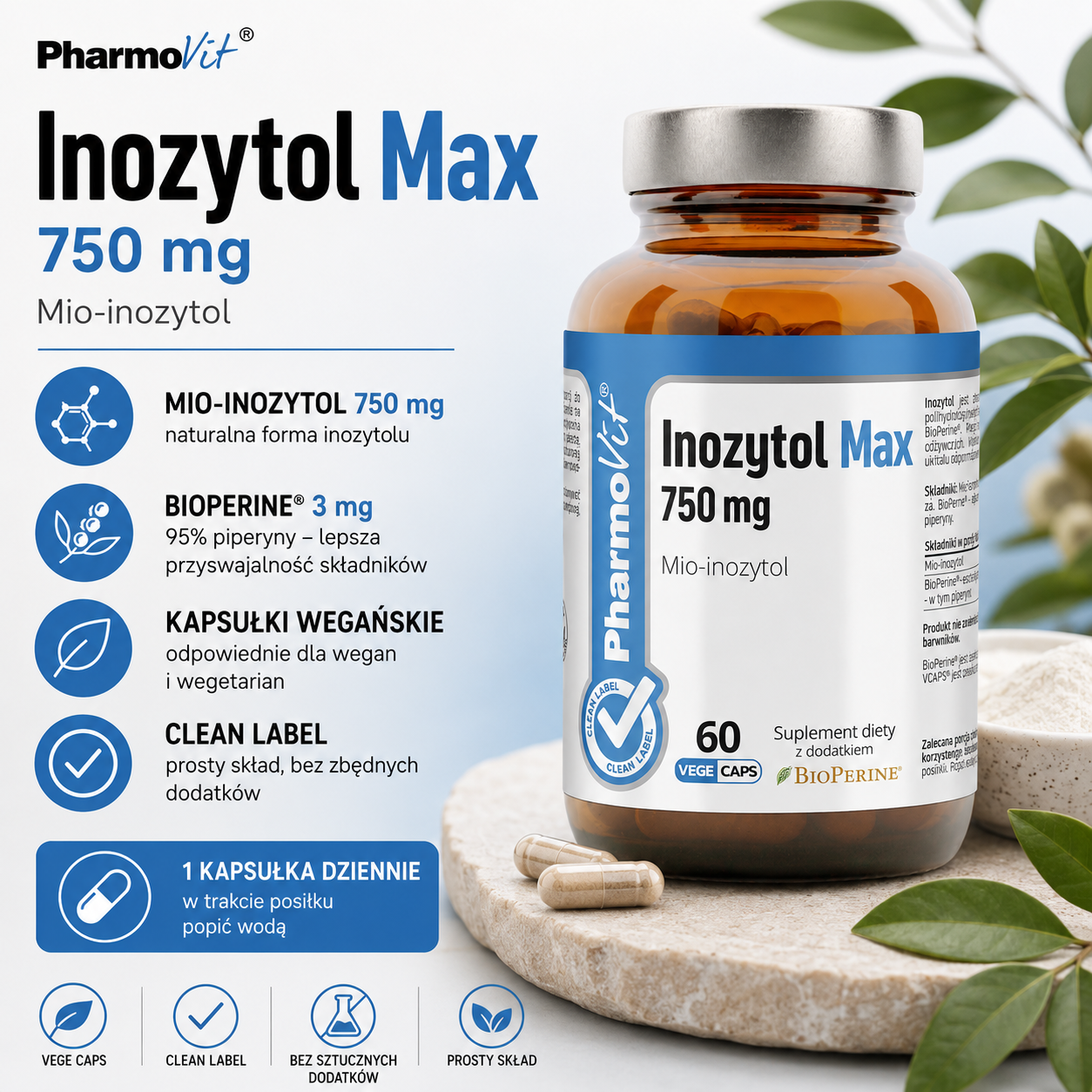 PharmoVit Inozytol Max 750 mg – suplement diety, 60 kapsułek wegańskich, zawierający mio-inozytol 750 mg oraz BioPerine® 3 mg, Clean Label.