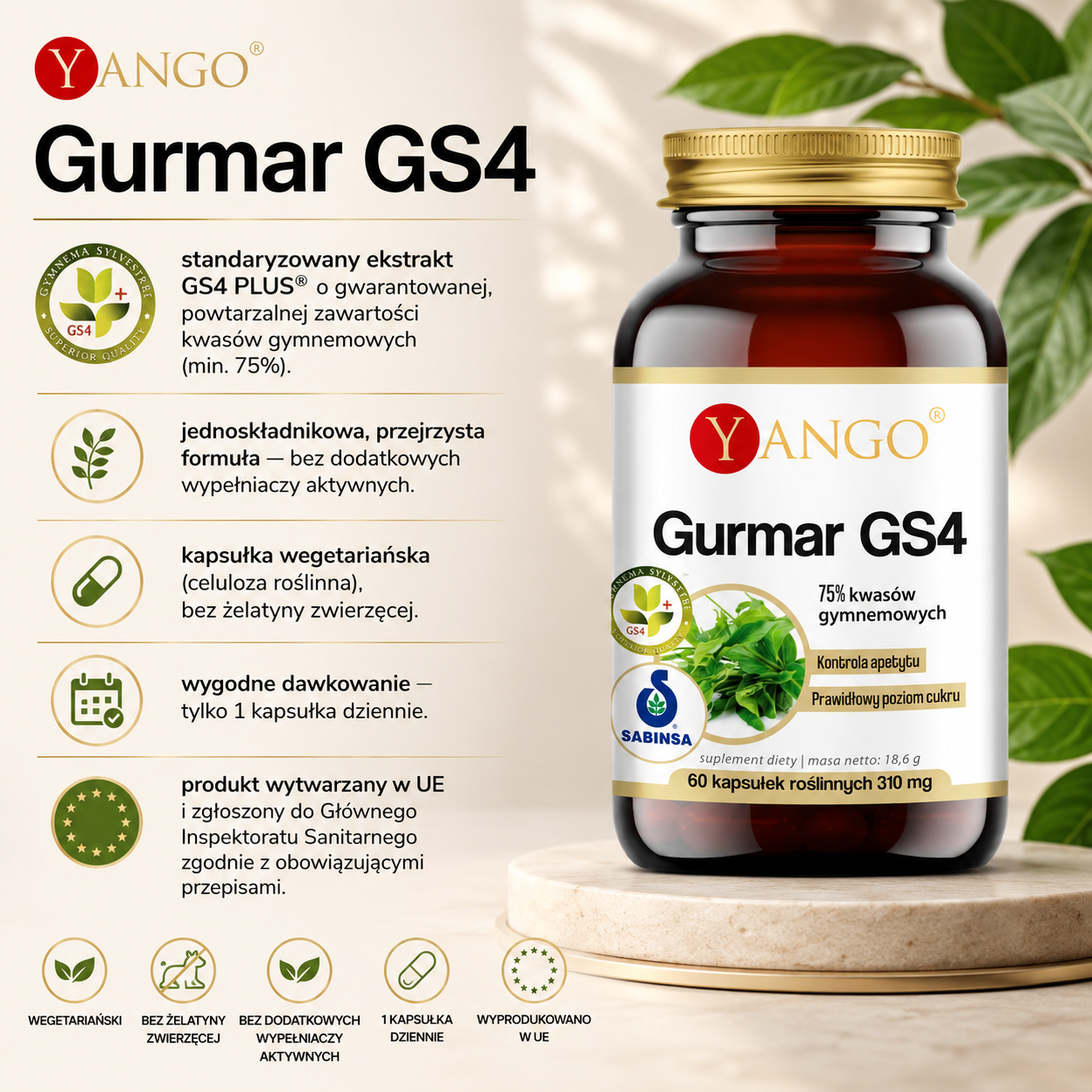 Butelka suplementu diety Gurmar GS4 marki Yango na drewnianej podstawce. Obok znajdują się informacje o produkcie i jego składnikach.