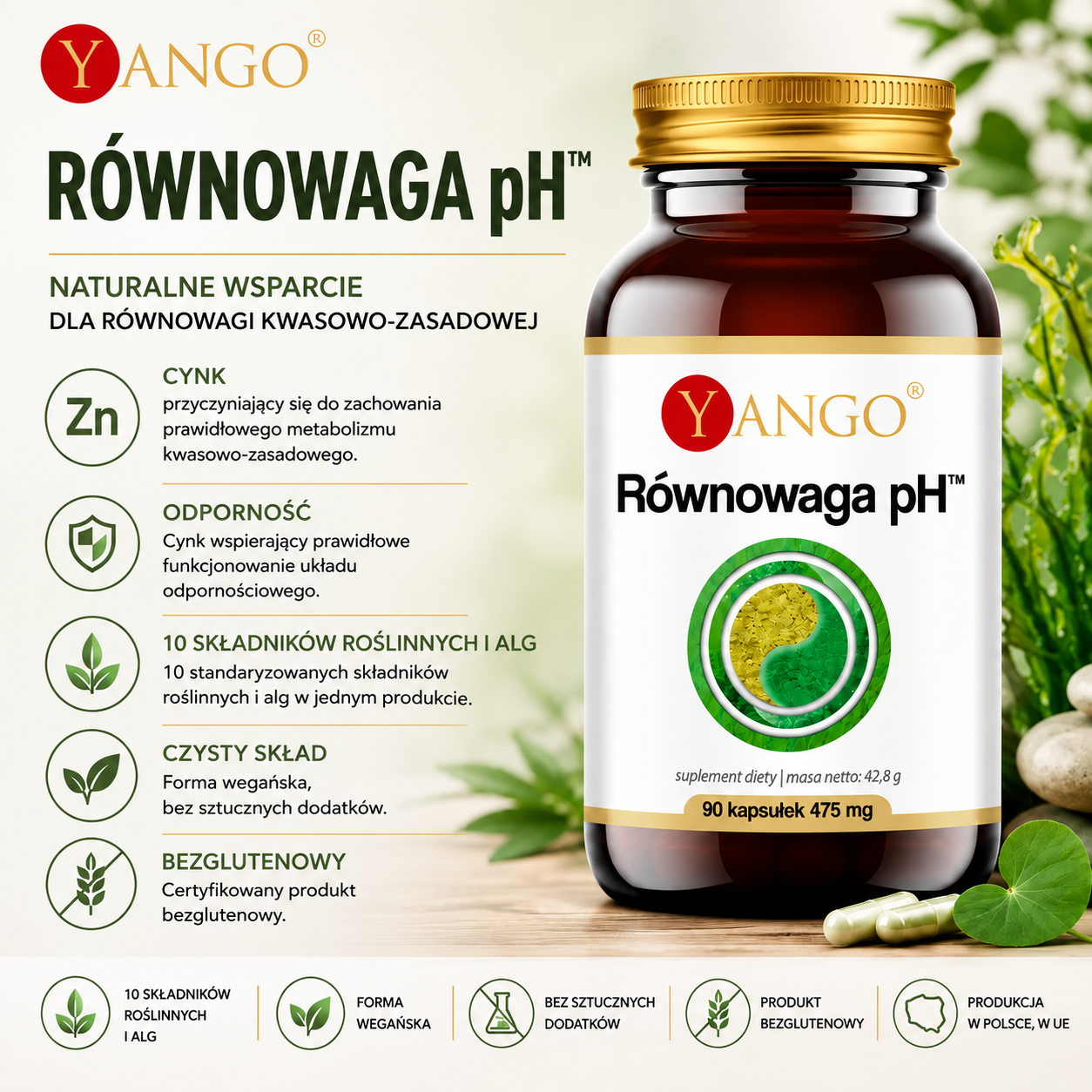 Równowaga pH, 90 kapsułek – suplement diety z cynkiem oraz 10 standaryzowanymi składnikami roślinnymi i algami, formuła wegańska, bezglutenowa i bez sztucznych dodatków.