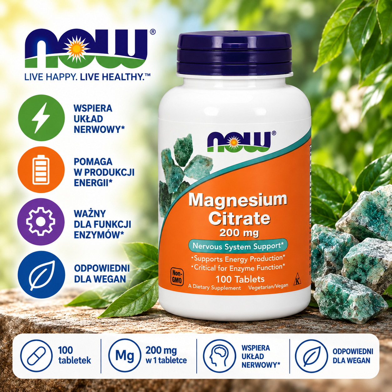 NOW Foods Magnesium Citrate 200 mg – suplement diety, 100 tabletek, zawierający magnez w formie cytrynianu, odpowiedni dla wegan.