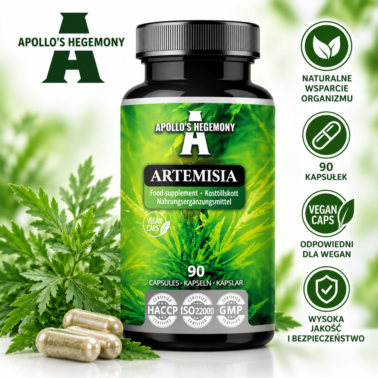 Apollo’s Hegemony Artemisia – suplement diety, 90 kapsułek wegańskich, produkt w opakowaniu z oznaczeniami HACCP, ISO 22000 i GMP.
